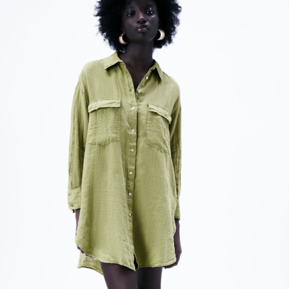 NWT ZARA 100% LINEN OVERSIZED GREEN SHIRT - Picture 2 of 14